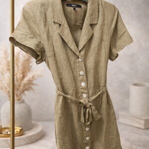 Quince Olive Linen Button-Front Tie-Waist Dress